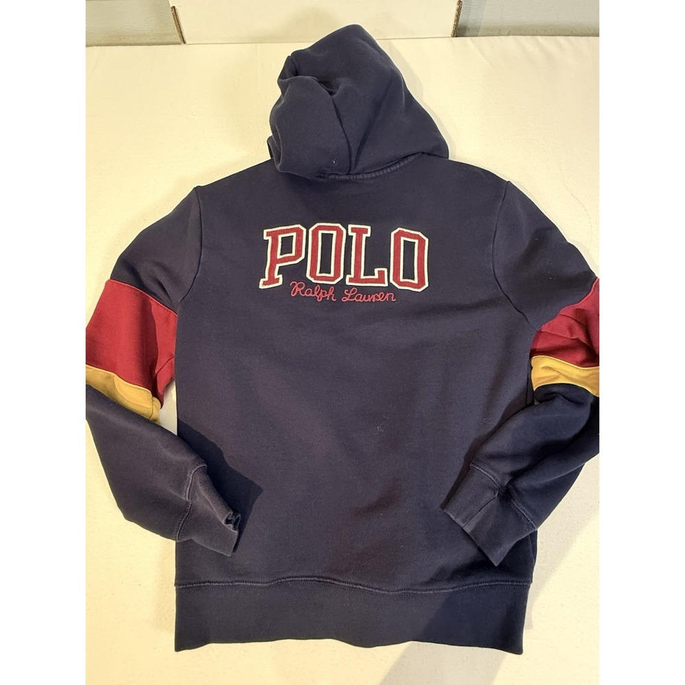 Polo Ralph Lauren Boys Large 14-16 Hoodie Navy Blue Back Spellout Colorblock Zip